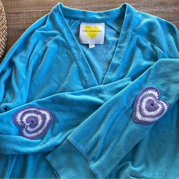 KERRY ROSENTHAL Blue French Terry Cardigan Heary Elbow Patch Large - Picture 3 of 6